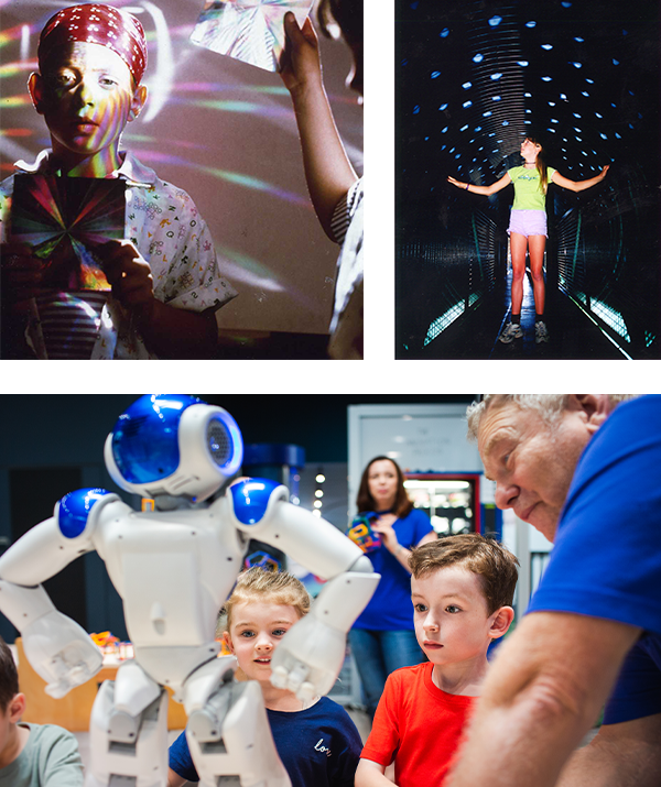 A collage of children look at robots and light objects.