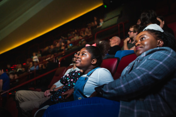 People sitting in the planetarium theater, watching show.
