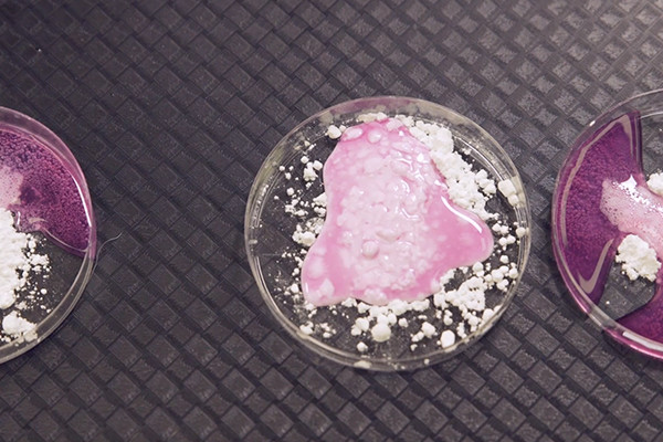 A petri dish of powder with purple liquid bubbling around it.