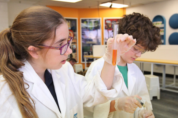 Two students examining liquid in test tubes, looking for DNA.
