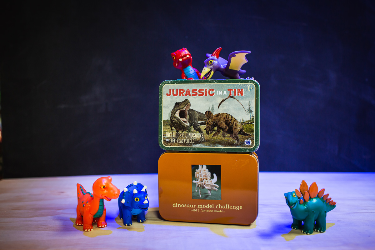 Close up of 'Jurassic in a Tin', a dinosaur model challenge.