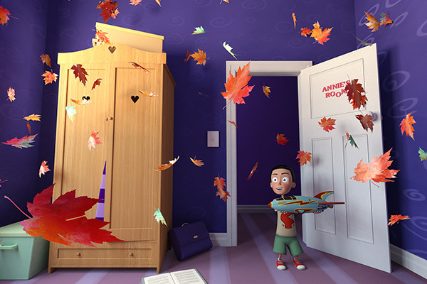 A young boy standing in a bedroom and leaves are flying all around him. Graphic.