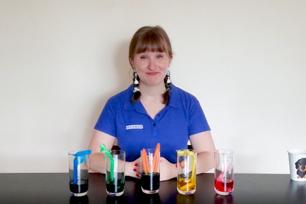A woman sitting behind 4 cups of water with coloured food dye and paper flowers inside.