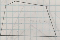 A drawing of a 5 sided polygon on lined paper.