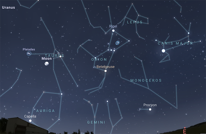 Constellations in the night sky this December include Pleiades, Taurus, Orion, and his hunting dogs Canis Major and Canis Minor 