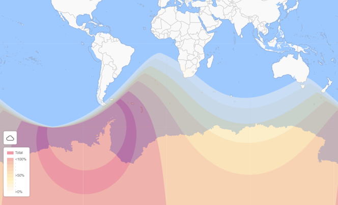 Time and Date chart showing the reach of the solar eclipse on 4 December, only just reaching the far southeast corner of Australia