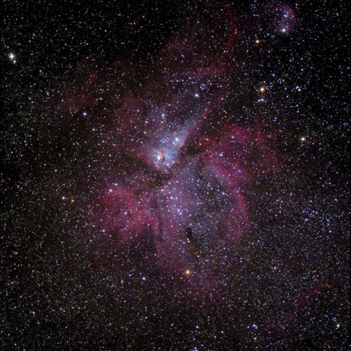 The beautiful Carina Nebula shown as a mass of pink and purple gases surrounding stars 