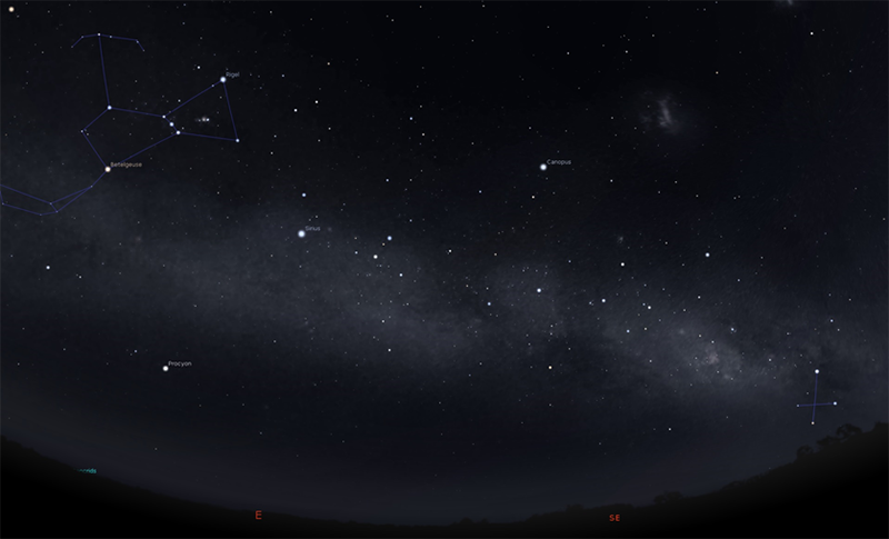 Night sky in early January, with the Southern Cross low on the horizon in the southeast (on the right hand side) and Orion high in the .top left corner.