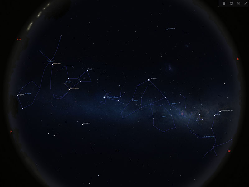 Star map of the night sky in February outlining the constellations of Carina, Vela and Puppis to get to Canis Major, with Sirius shining bright to guide the way. From here observe Orion duelling with Taurus before finishing with Auriga the goat-herder in the north