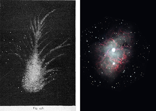 Two images side by side; one showing the original drawing of the Crab Nebula by Lord Rosse in 1844 (which gave the nebula it's name; due to it's 'crablike' shape) and an astronomical photo of the nebula itself