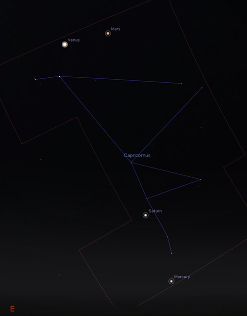 Sky map showing how you’ll be able to catch Venus, Mars, Saturn and the Moon inside Capricornus on 28 and 29 March 2022