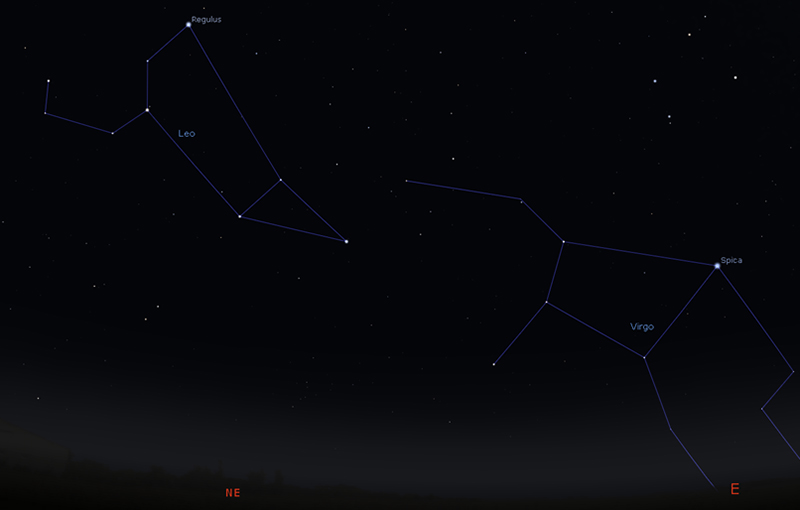A map of the night sky in March 2022 showing the constellations of Leo (north-east) and Virgo