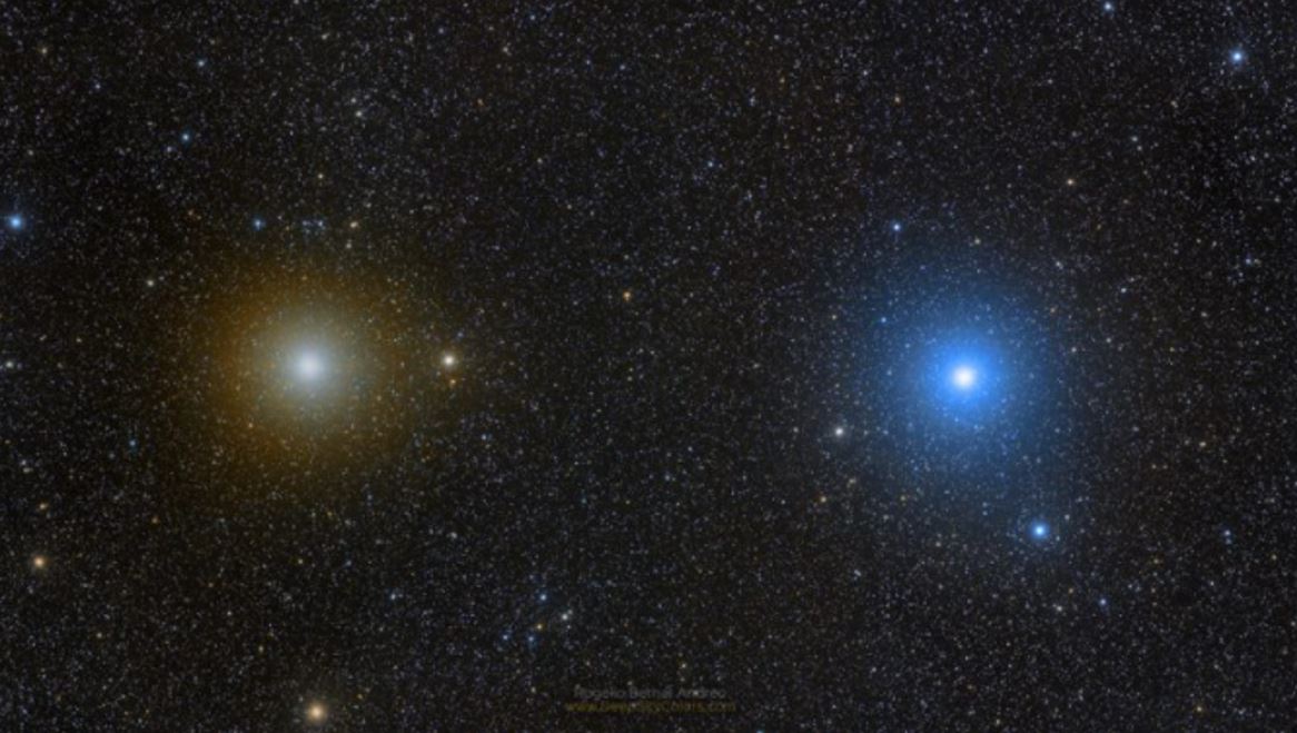 A photo of Castor and Pollux showing their colour difference - Pollux (on the left) is a reddish/orange and Castor (right) looks blue