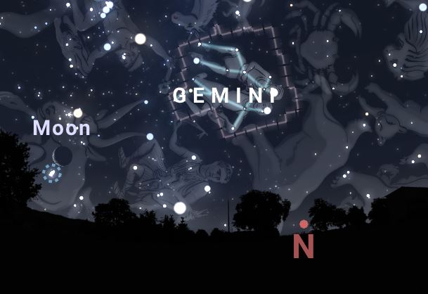 Constellation of Gemini outlined in the April night sky