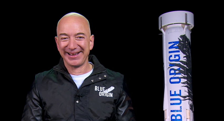 Jeff Bezos in a Blue Origin uniform