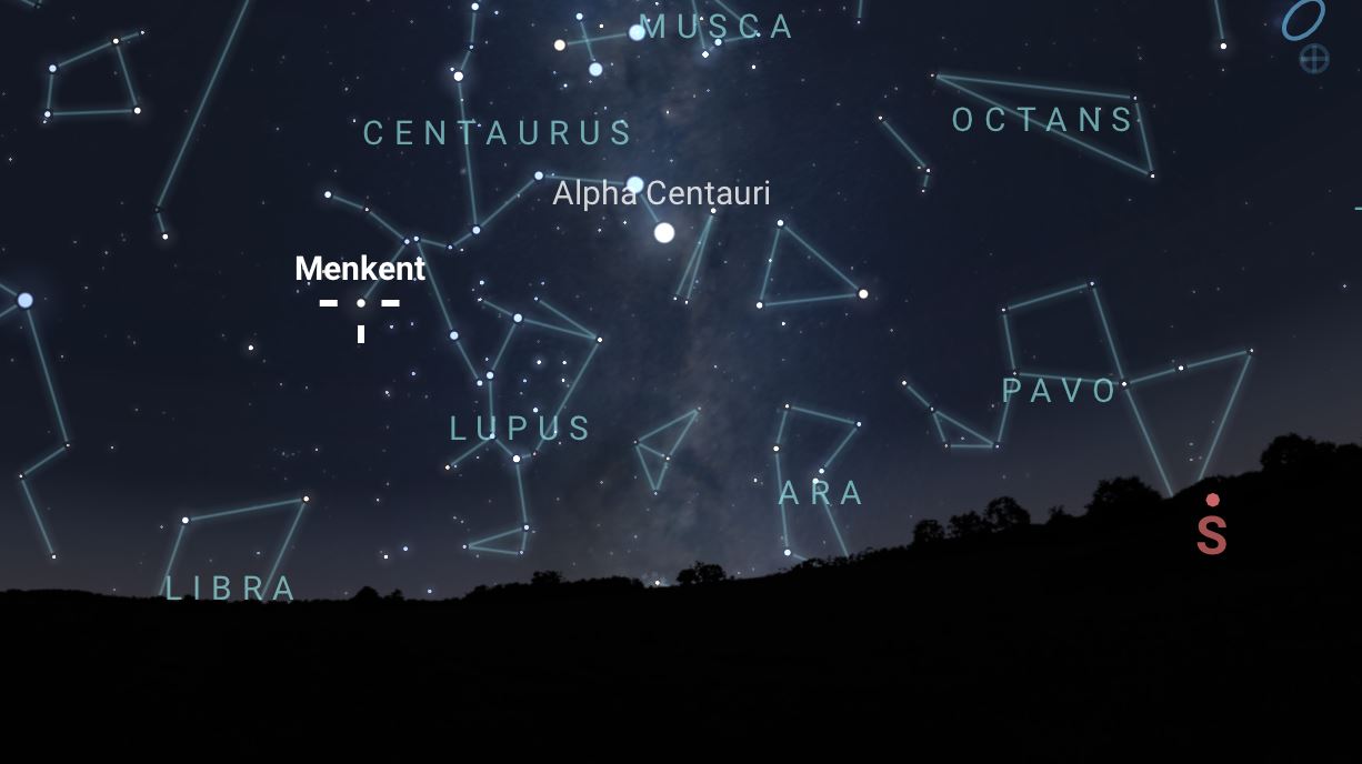 Constellation map of the April night sky, showing Menkent, an orange giant that marks the shoulder (or head) of Centaurus, Alpha Centauri and Crux (or the Southern Cross) just to the left of Musca