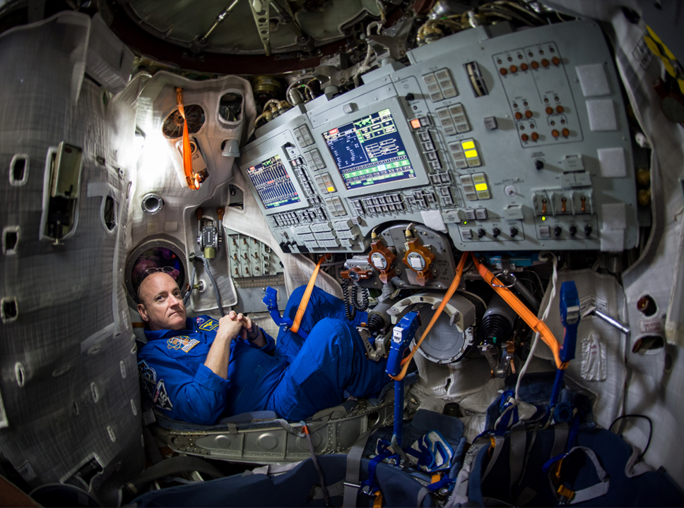 NASA astronaut Scott Kelly trains in a Russian Soyuz simulator