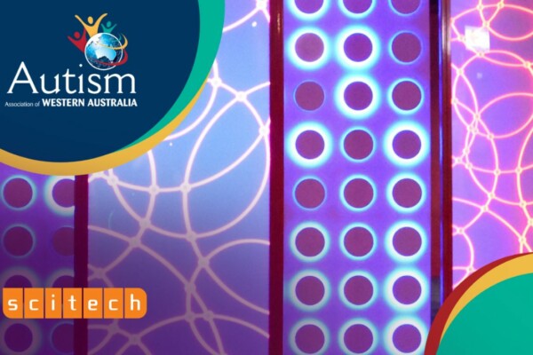 Wall of coloured lights, overlayed with the Autism Association of WA logo and Scitech logo