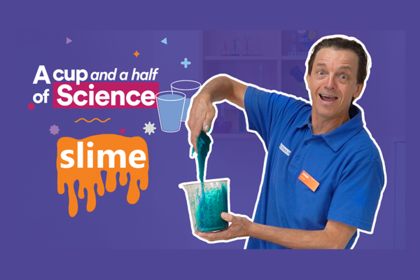 Adam Bennett holding blue slime for the Psylliy Slime science at home video